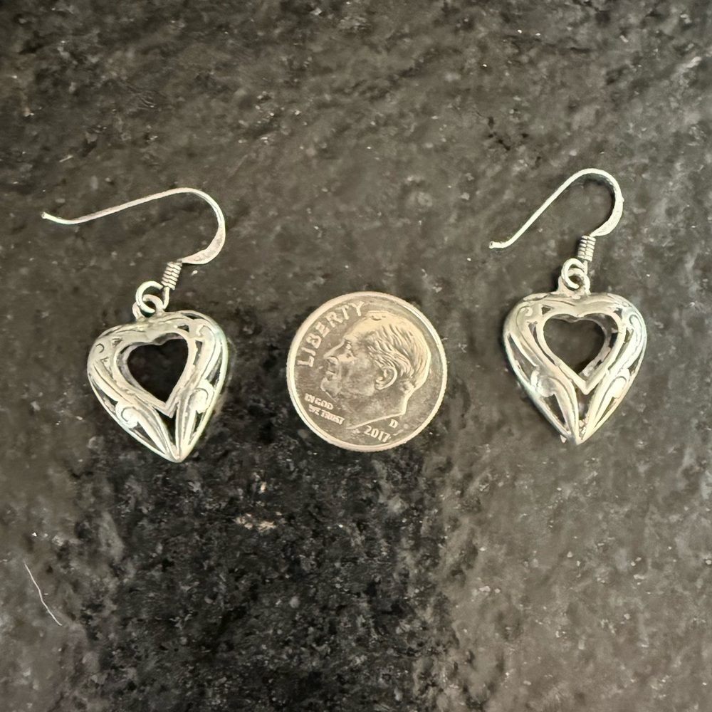Vintage Sterling Silver Open Heart Filigree Hook Drop Dangle Earrings – 4g - Picture 4 of 9